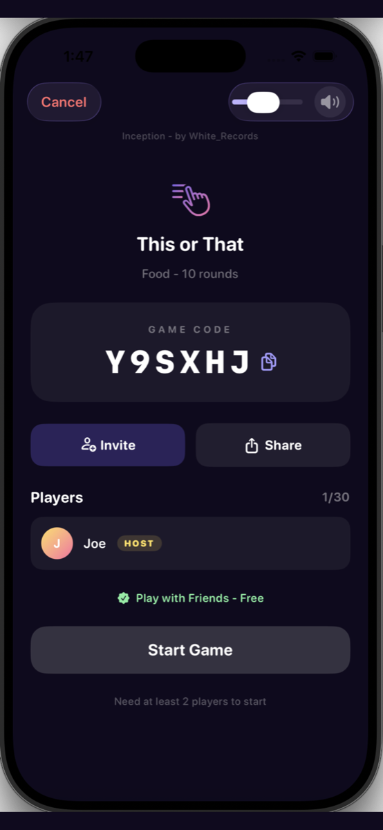A VoteVerse friend-game lobby with a join code, invite and share buttons, and the player list